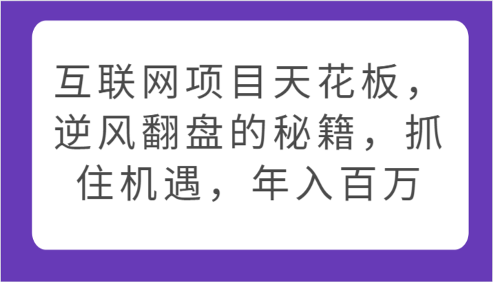 互联网项目天花板，逆风翻盘的秘籍，抓住机遇，年入百万6981 作者:福缘创业网 帖子ID:108295 